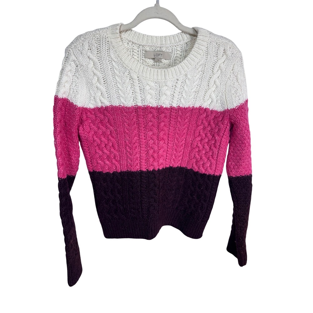 Loft Medium Colorblock Cable Knit Sweater Women's White Pink Purple Wool Blend
